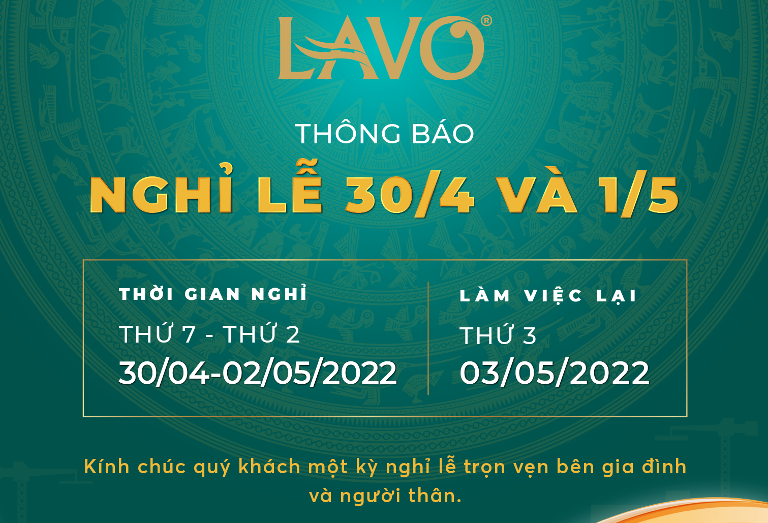 THÔNG BÁO NGHỈ LỄ 30/04 & 01/05/2022