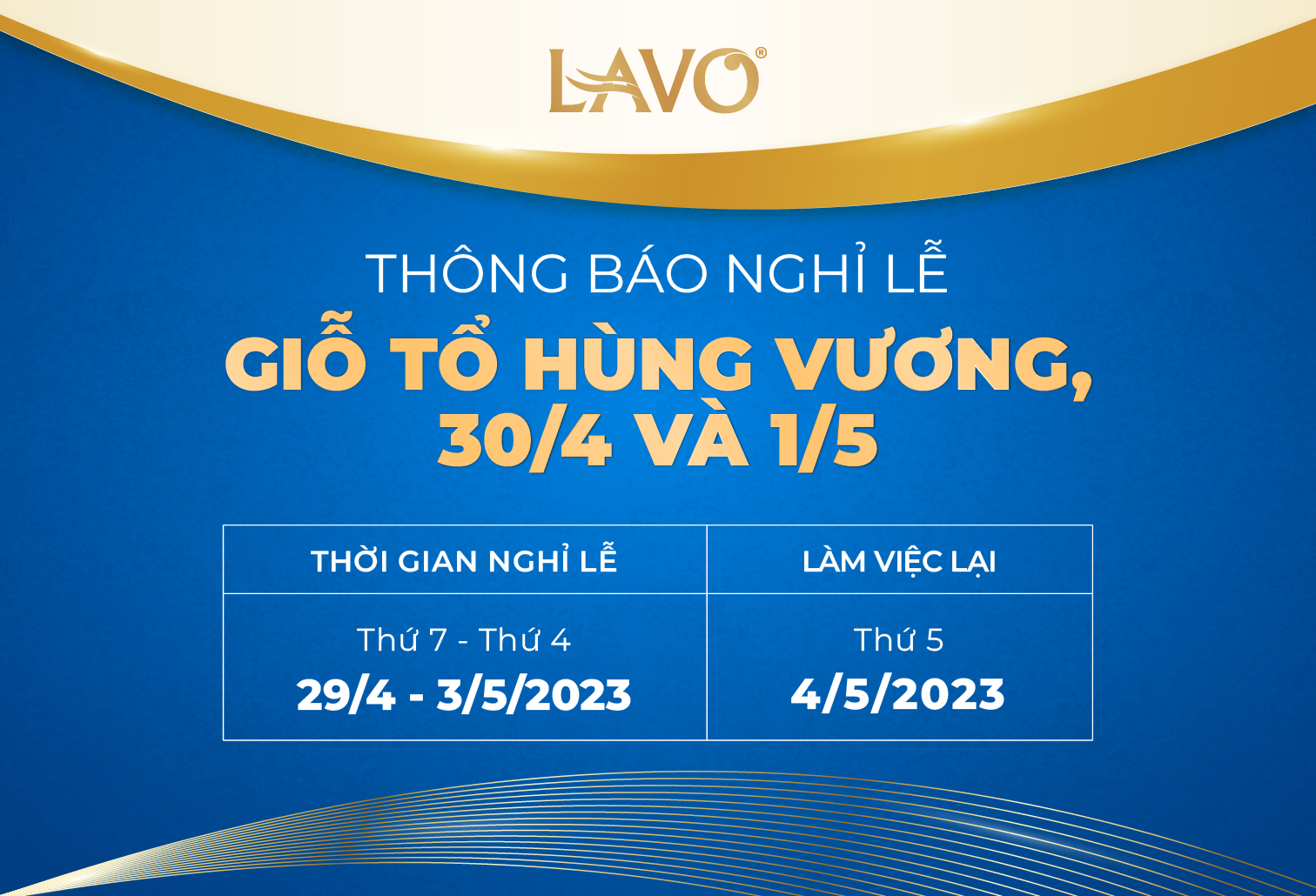 Thông Báo: Nghỉ Lễ Giỗ Tổ Hùng Vương Và 30/04 – 01/05/2023 Thông Báo: Nghỉ Lễ Giỗ Tổ Hùng Vương Và 30/04 – 01/05/2023